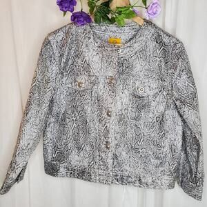 Ruby Road Gray Sparkle Snake Print Denim Style No Collar Jacket, 10